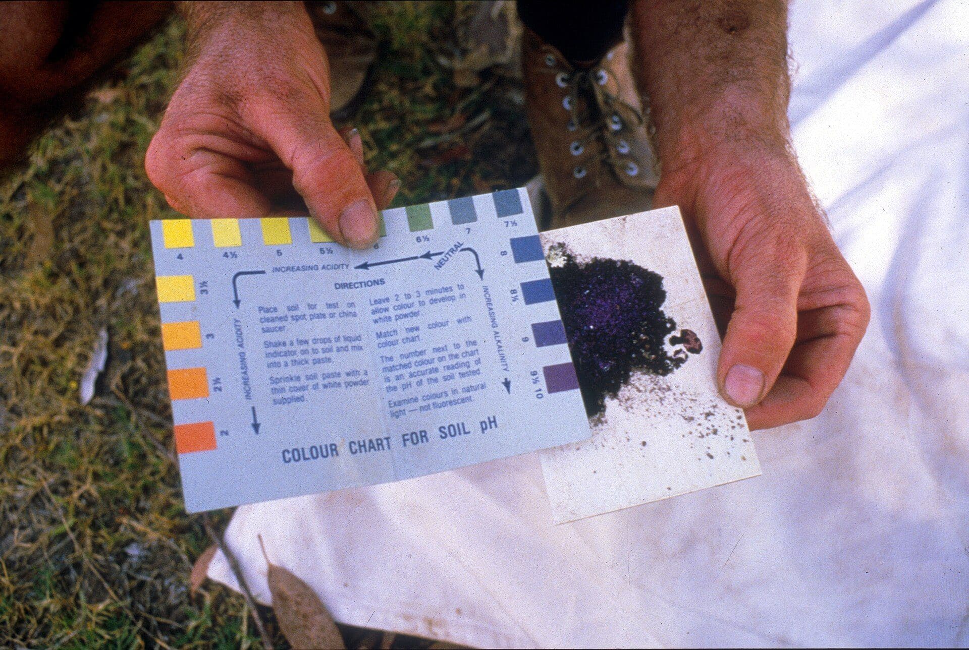 Hands comparing a soil sample with a pH colour chart